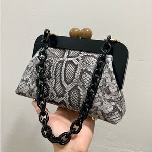 Snake Embossed Leather Handmade Wooden Frame Clutch, Wristlet, Crossbody Bag